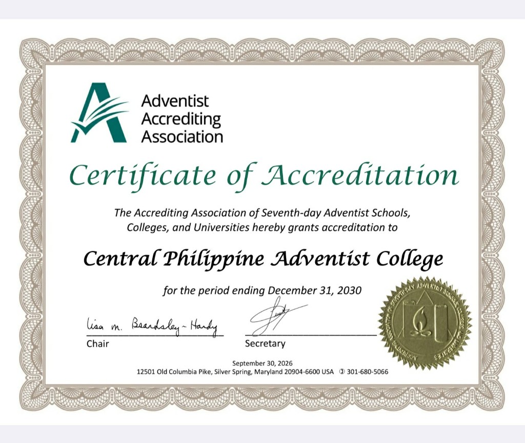 Certificate of Accreditation from the Adventist Accrediting Association granted to Central Philippine Adventist College for the period ending December 31, 2030