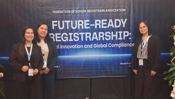 Mrs. Iris Linatan, Mrs. Karyl Rosas, and Ms. Jona Mae Tabingo represent CPAC at the FOSRA conference banner